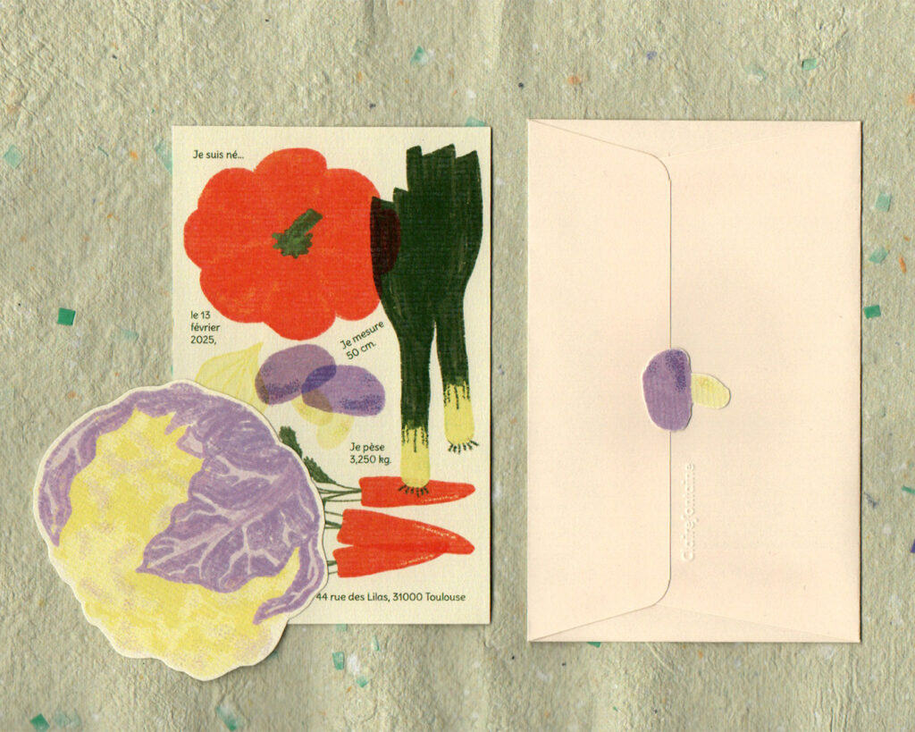 Papeterie_Lescure_Elodie_graphiste_Annecy_faire_part_naissance_set_complet_maraichers
